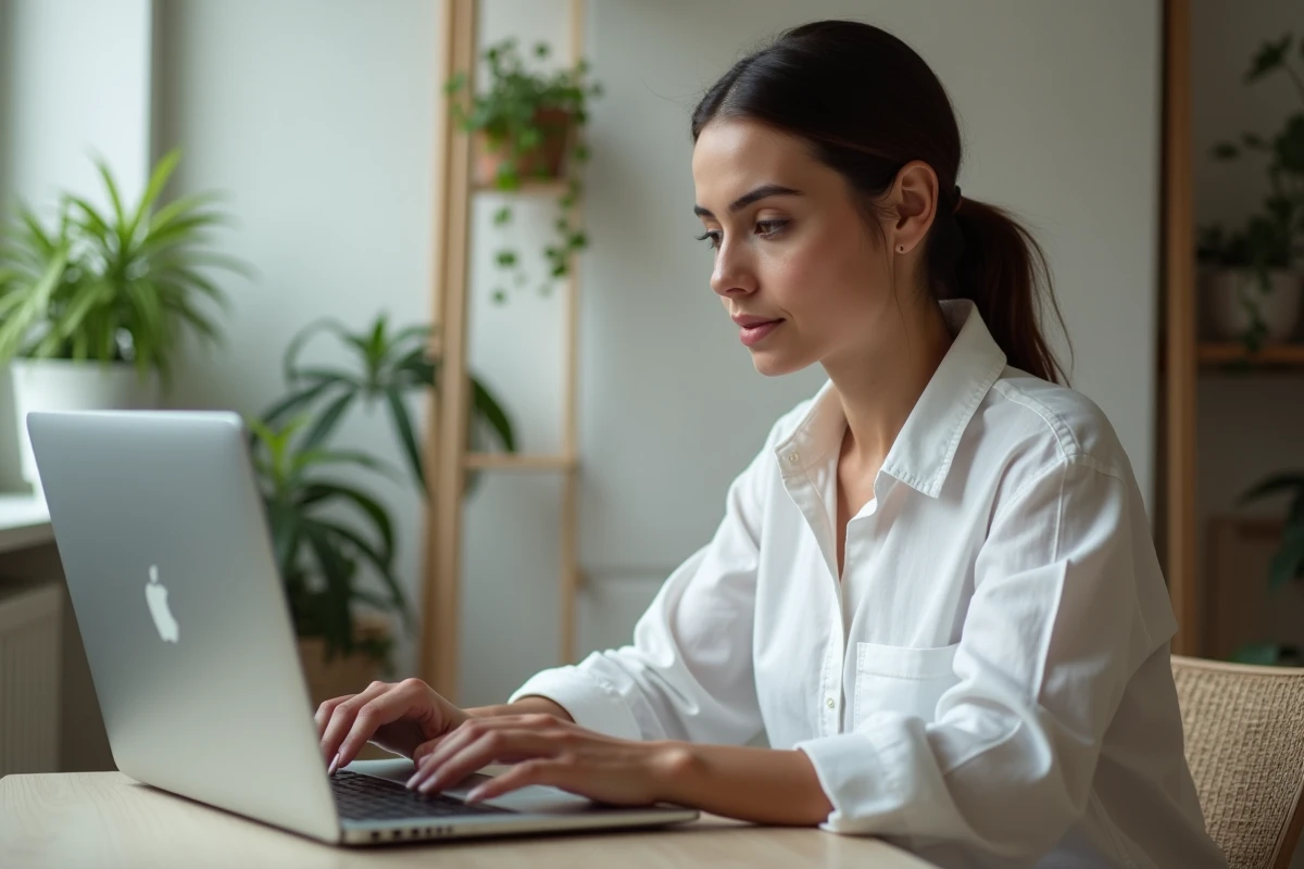 Une femme copiant un lien magnet depuis l'annuaire Torrent911 sur son ordinateur portable