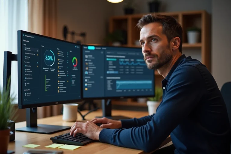 Utilisateur d'Autofantom FR consultant le tableau de bord logiciel sur un écran d'ordinateur dans un bureau à domicile moderne