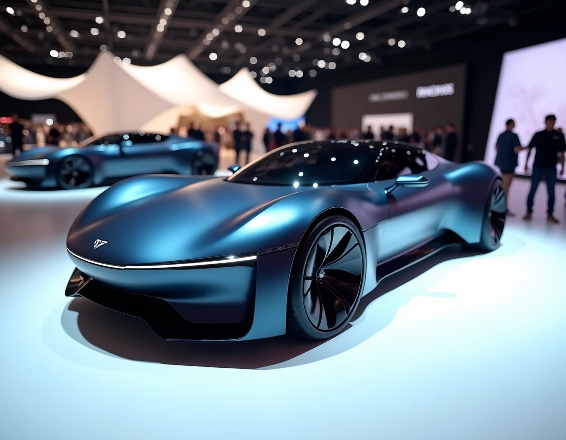 Voiture électrique concept présentée lors d'un salon automobile international moderne avec des lignes aérodynamiques audacieuses