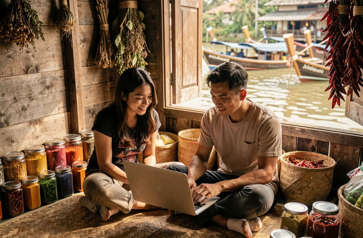Deux voyageurs parcourant des photos sur ordinateur dans un marché flottant traditionnel en Asie du Sud-Est