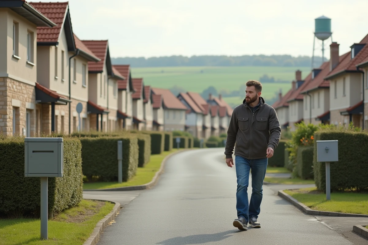 Homme consultant sa boîte aux lettres dans un lotissement périurbain français avec champs agricoles en arrière-plan
